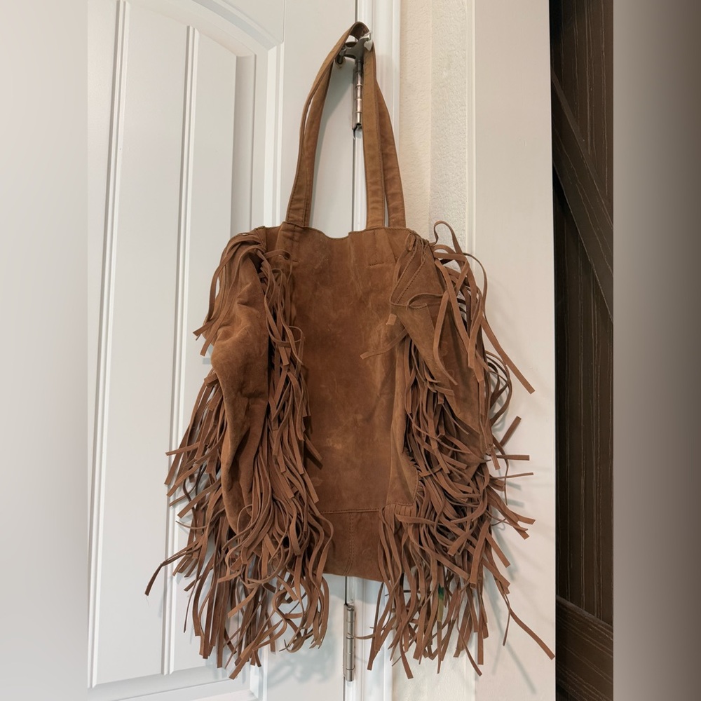 Forever 21 faux Suede fringe tote bag brown saddle